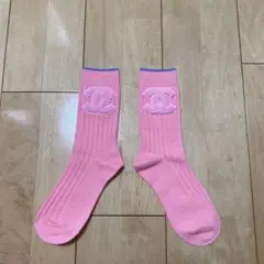 【ラスト1点】新品未使用CHANELピンク系可愛いリブ編みソックス ロゴ刺繍付き