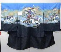 七五三 五歳 男児 羽織・着物・襦袢3点セット 青色×黒色 お仕立て無料