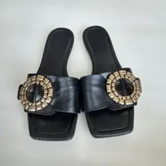 ZARA サンダル フラットシューズ　ゴールド レザー黒 24.5