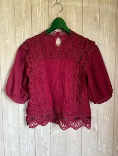 【9430】CECIL McBEE バーガンディ レース 五分袖ブラウス M