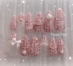 No.41 ガーリースナ系ワンホン量産型甘めピンクツイードネイルチップ