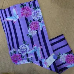 新品浴衣　パープル系　花柄　蝶々　ストライプ