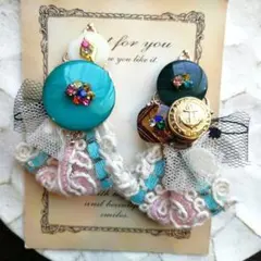 青　チュール　パール　ボタン　ピアス　イヤリング　リボン　ヴィンテージ　レース