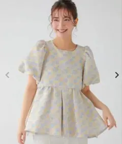 美品【fitmore】ミックスカラー花柄ジャガードトップス イエロー