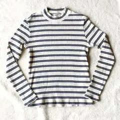 UNIQLO リブニット ハイネックT ボーダー ネイビー×オフホワイト