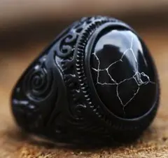 ボヘミアンエンブレムストーン ステンレスリングブラック インディアンジュエリー