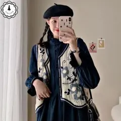 黒 ニット ベスト 花柄ニット フリーサイズ 韓国ファッション ジレ