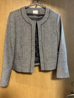 ワールド　ノーカラー ツイードジャケット L グレー系