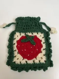 【編み物】いちごモチーフのかぎ針編み巾着袋
