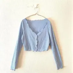 ☆【シーイン】リブカーディガン ショート丈 メロウフリル フルボタン VネックM