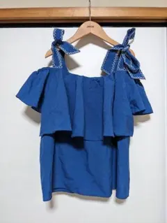 セシルマクビー　肩出し　半袖チュニック　半袖カットソー　ブルー　リボン肩紐