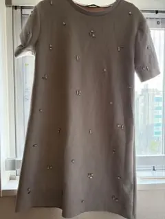 ZARA グレー ビジュー 半袖ミニワンピース S