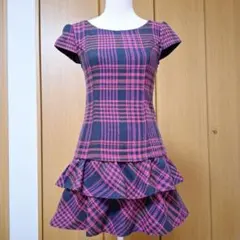 バック大きなリボン付き チェック柄フリルツイードパフスリーブミニワンピース