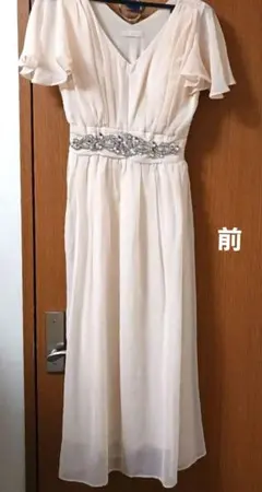 クリーム色 Vネック ロングドレス フリル袖