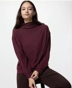美品 ユニクロ ソフトニットフリースモックネックT ボルドー XLサイズ