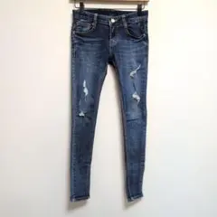 【-5kg ジーンズ】スキニー ストレッチパンツ ダークブルー ダメージ加工 S