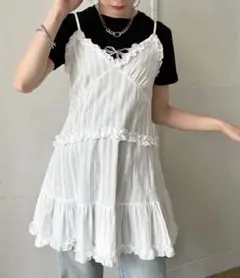 Jewelobe フリル×コットンストライプビスチェディテールキャミチュニック