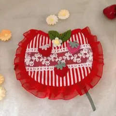 赤ストライプ白レースコラボ／いちごモチーフ／スタイ