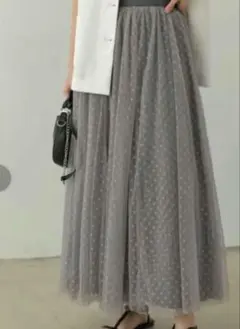 ドット柄 チュール ロングスカート グレー