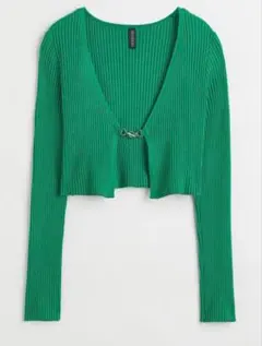 H&M クロップド リブ ニット トップス　カーディガン グリーン　緑 L