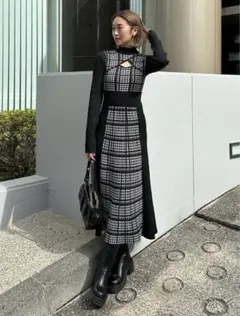 rienda 2WAY ロングスリーブ 千鳥柄フレアニットワンピース 黒