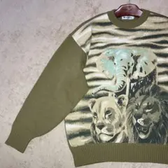 ★ムッシュパリス アニマル柄セーター M オリーブグリーン ウール 総柄 ニット