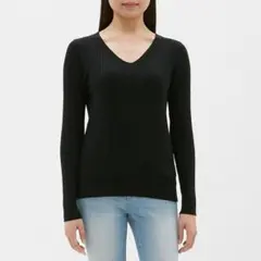 ブラック Vネック リブニット 長袖　ワイドリブ