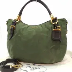 プラダ ハンドバッグ 2way ショルダー レザー×ナイロン グリーン系