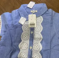 レース装飾付きライトブルー半袖ブラウス 130