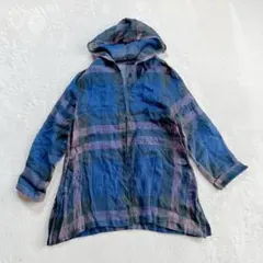 美品✨フード付カーディガン (M) 薄手 チェック柄 ブルー系 ホックボタン