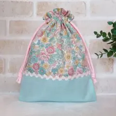ハンドメイド 巾着 * 給食袋 コップ袋 かわいい 女の子 花柄 ミント リボン