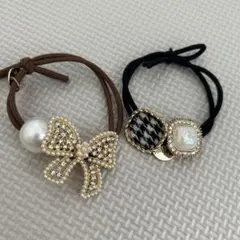 リボンとパールのヘアゴム2点セット