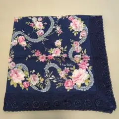 Pierre Cardin 大判 レース ハンカチ 膝掛けハンカチ 花 ネイビー