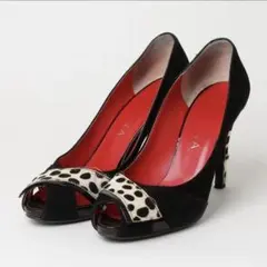 ダイアナ オープントゥパンプス ダルメシアン柄 ハイヒール 日本製 ブラック 黒