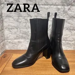 【極美品】ZARA スクエアトゥ ヒール付きレザーアンクルブーツ ブラック 38