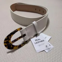 ホワイト 天然皮革 べっ甲調バックル太ベルト