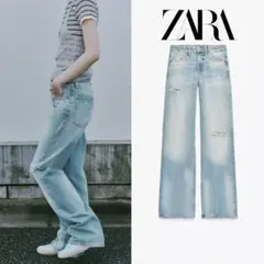 ZARA TRF ダメージ加工ワイドレッグ ミッドライズ デニムパンツ 34