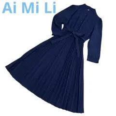 Ai Mi Li バンドカラープリーツワンピース　リボンベルト付き　ネイビー