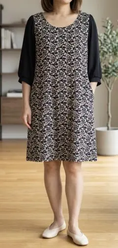 花柄Aラインワンピース 7分袖-grove