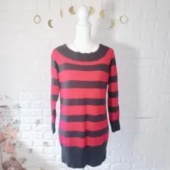 長袖 ニット セーター ロングワンピース チュニック 体型カバー ボーダー リブ