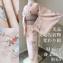 美品　洗える着物　絽　夏着物　裄65 M 単衣　ピンク　蝶　浴のサムネイル