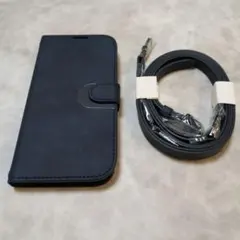 iPhone 15 Pro ケース 手帳型 ネイビー ストラップ2種類付き