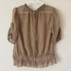 Heather ブラウン ドット柄 パフスリーブ シフォンブラウス　シアーシャツのサムネイル