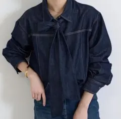 【コラージュガリャルダガランテ】ボウタイデニムシャツ　長袖　リボン　インディゴ