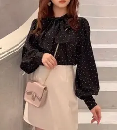 GRL ネイビー ドット柄 リボンブラウス