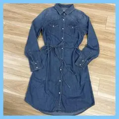 【美品】GAP デニムシャツワンピース M 柔らか素材 膝下丈 ウエストリボン付