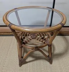 レトロな木製 円型ローテーブル（ガラス天板）