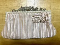 【美品】パーティーバッグ サテン パール 薔薇 がま口 チェーン付き