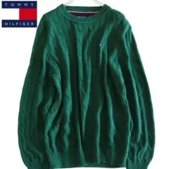 【TOMMY HILFIGER】ケーブルニット　胸ロゴ　袖口トリコロール　緑★
