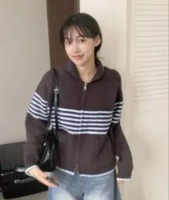 ジップアップ　カーディガン　ブラウン　ストライプ　レディース　ニット